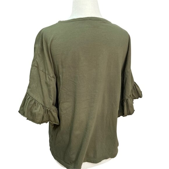 saks Fifth Avenue Army Green Ruffle Sleeve T-shirt Top Size XS - Picture 7 of 11